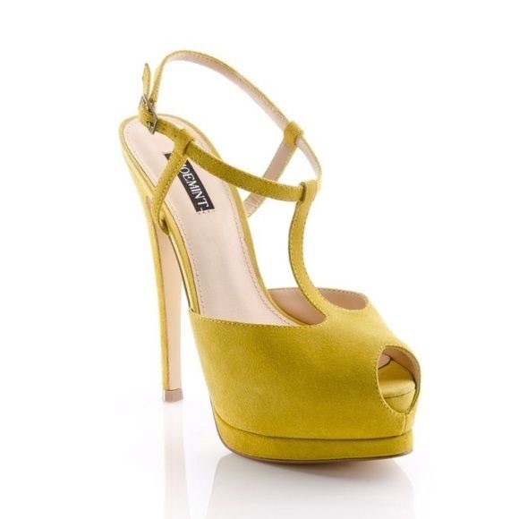 Mustard Peep Toe T-Strap Heels - Picture 1 of 8
